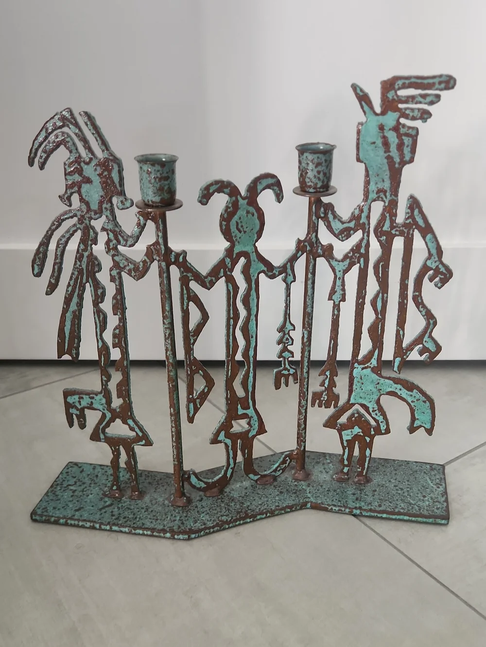Vintage Kokopelli Iron Verdigris Double Candle Holder Native American Southwest